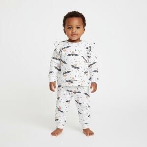 Jessica Simpson White Multi Halloween Print Ruffle Shoulder 2 Piece Jogger Set